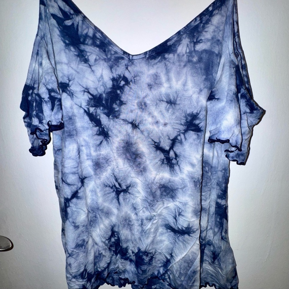 American Eagle Outfitters Navy Blue Tie-Dye Cold Shoulder Blouse - Picture 2 of 7